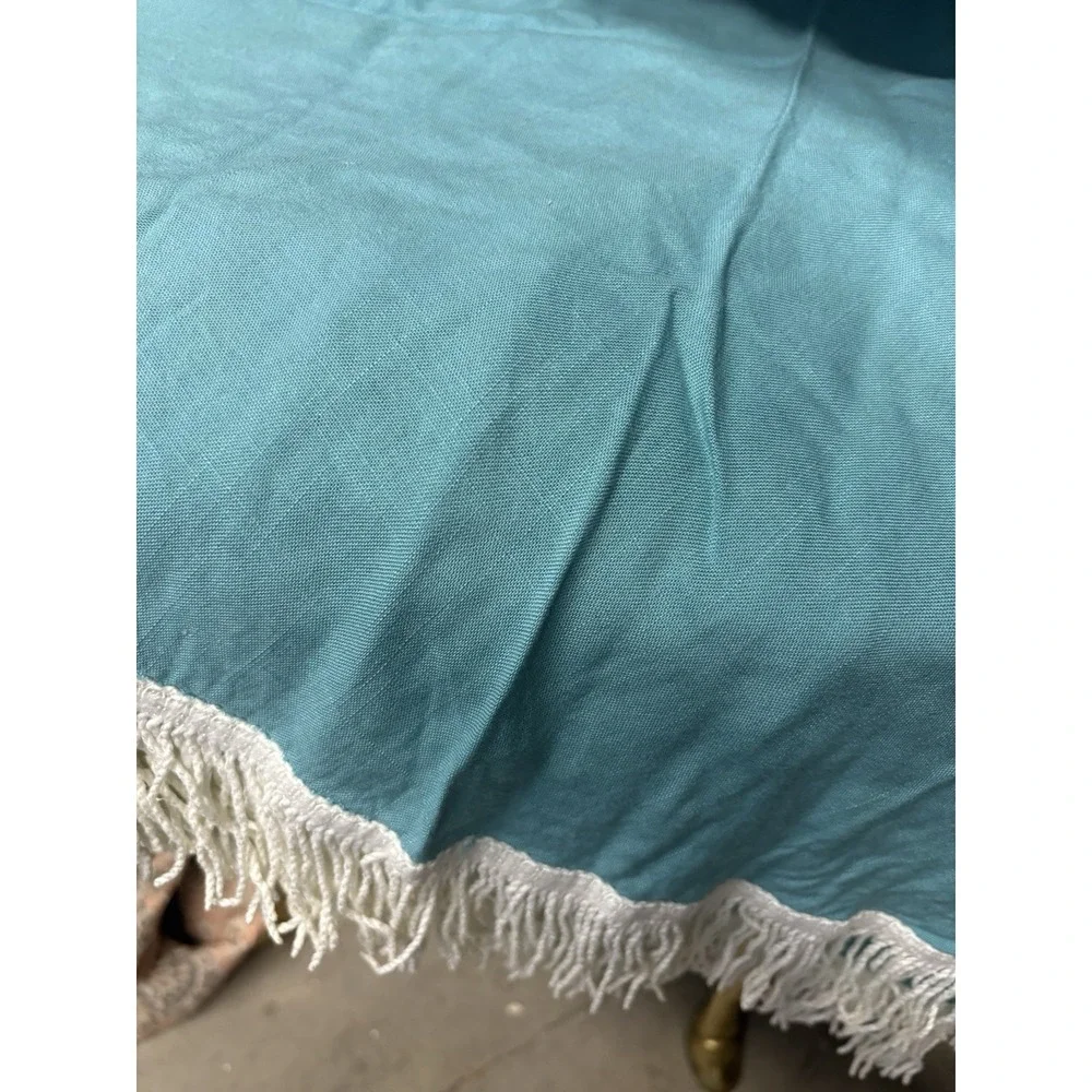 Vintage 70s Blue Linen And Fringe Table Skirt 60